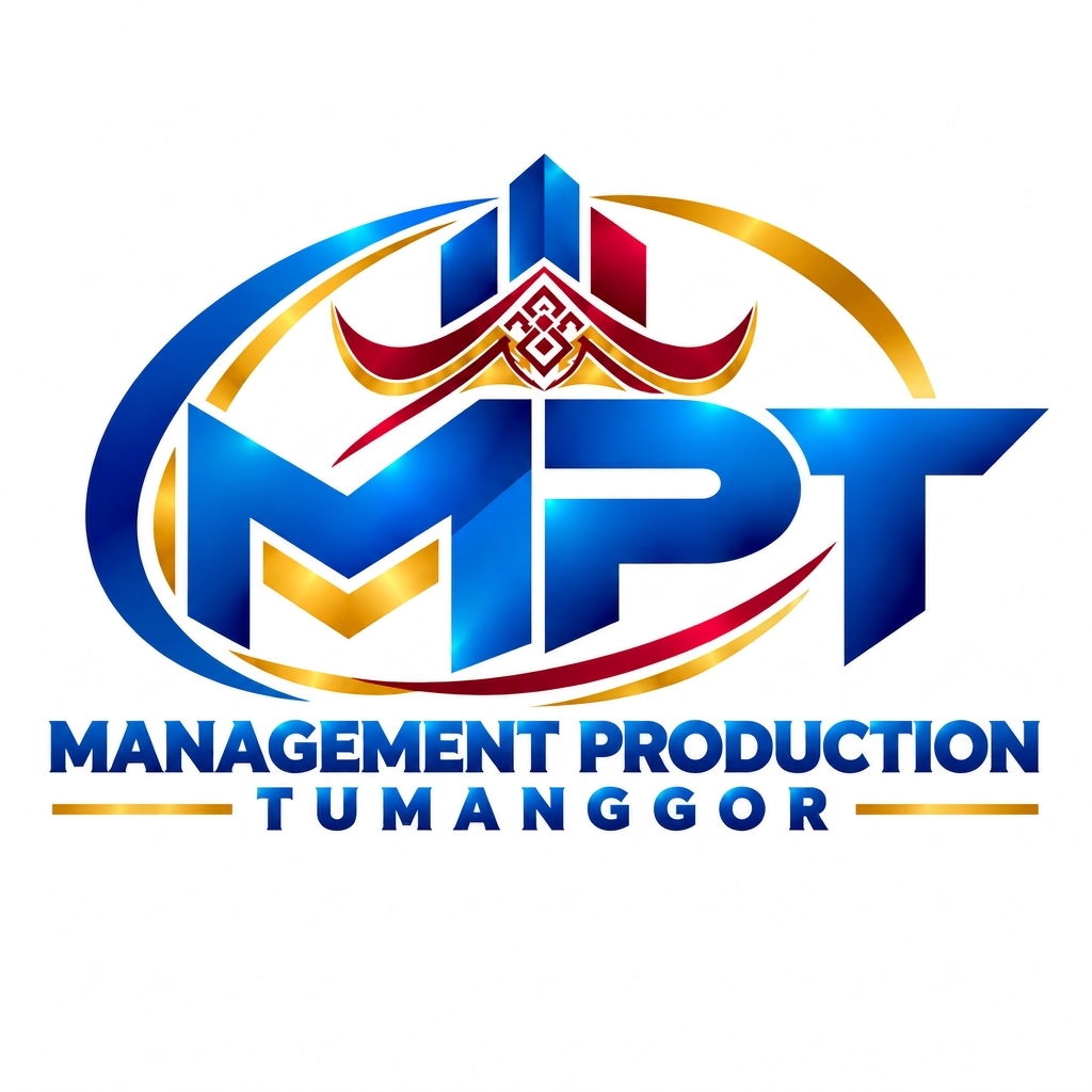 Logo Management Production Tumanggor: tiga pilar berwarna biru dan marun di atas atap bermotif, monogram MPT, panah emas, orbit lengkung, swoosh, dan nama perusahaan.